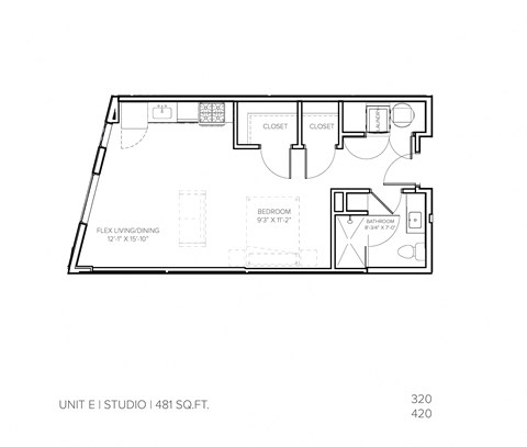 Floor plan for studio, 1 bath, 481 sqft
